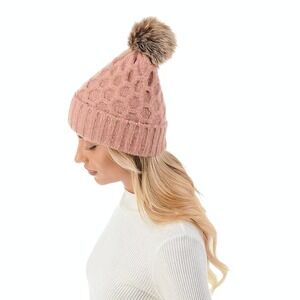 Marcus‎ Adler Cable Knit Pom Beanie Mauve Faux Fur Cuff One Size